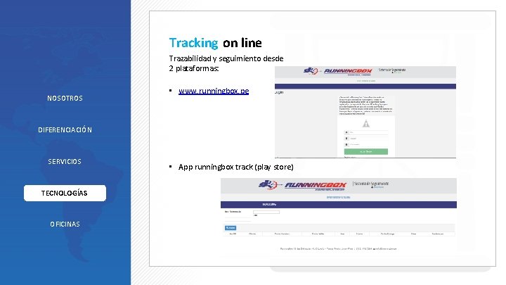 Tracking on line Trazabilidad y seguimiento desde 2 plataformas: NOSOTROS • www. runningbox. pe