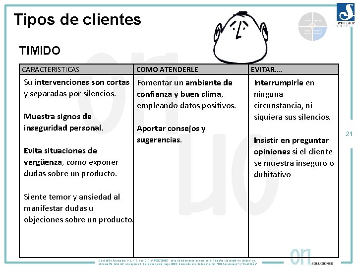 Tipos de clientes TIMIDO CARACTERISTICAS COMO ATENDERLE Su intervenciones son cortas y separadas por