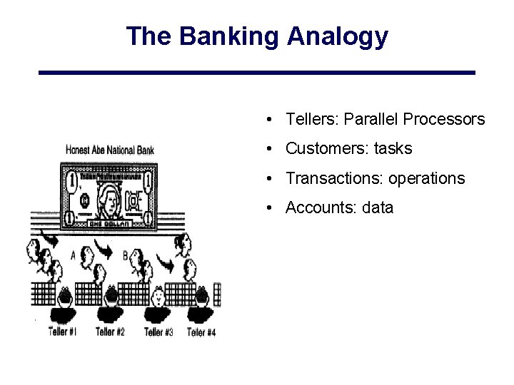 The Banking Analogy • Tellers: Parallel Processors • Customers: tasks • Transactions: operations • The Banking Analogy • Tellers: Parallel Processors • Customers: tasks • Transactions: operations •