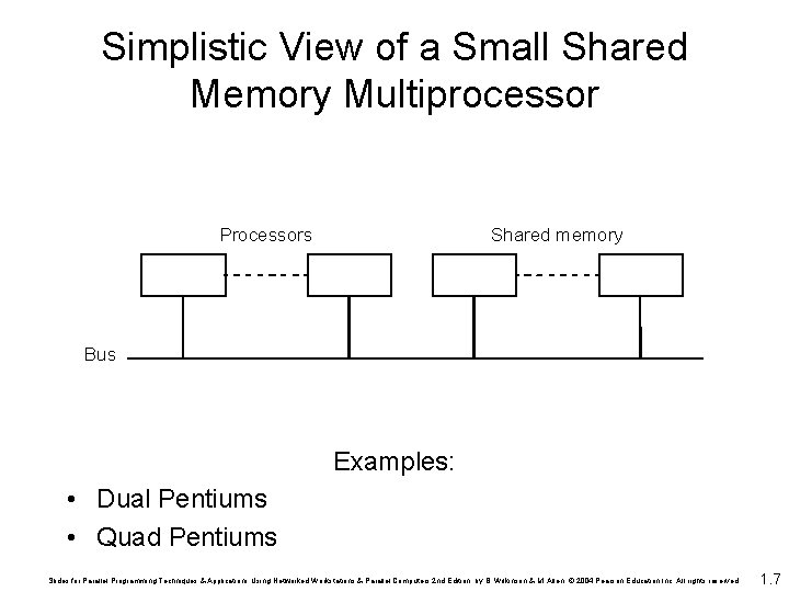 Simplistic View of a Small Shared Memory Multiprocessor Processors Shared memory Bus Examples: • Simplistic View of a Small Shared Memory Multiprocessor Processors Shared memory Bus Examples: •