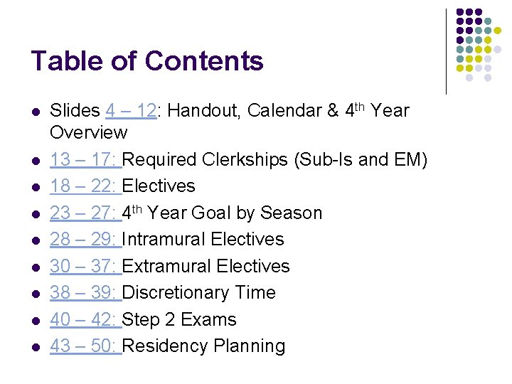 Table of Contents l l l l l Slides 4 – 12: Handout, Calendar