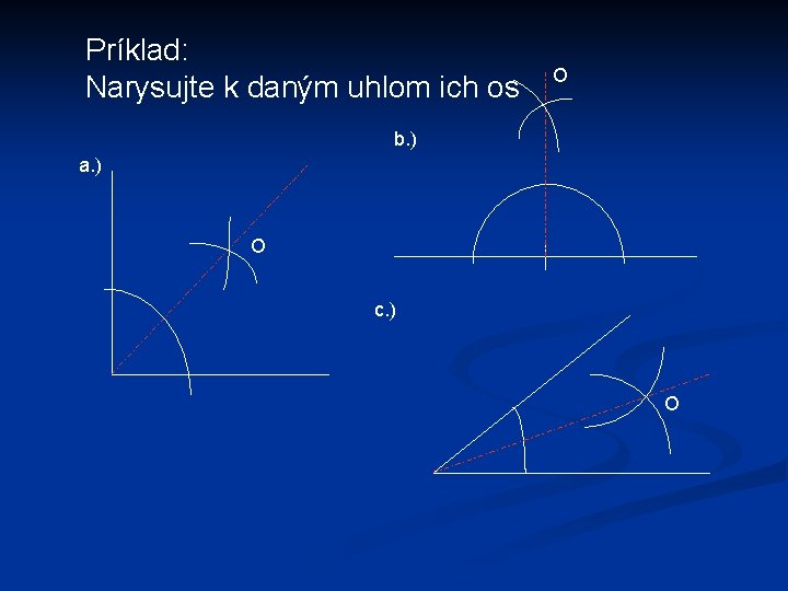 Príklad: Narysujte k daným uhlom ich os O b. ) a. ) O c.