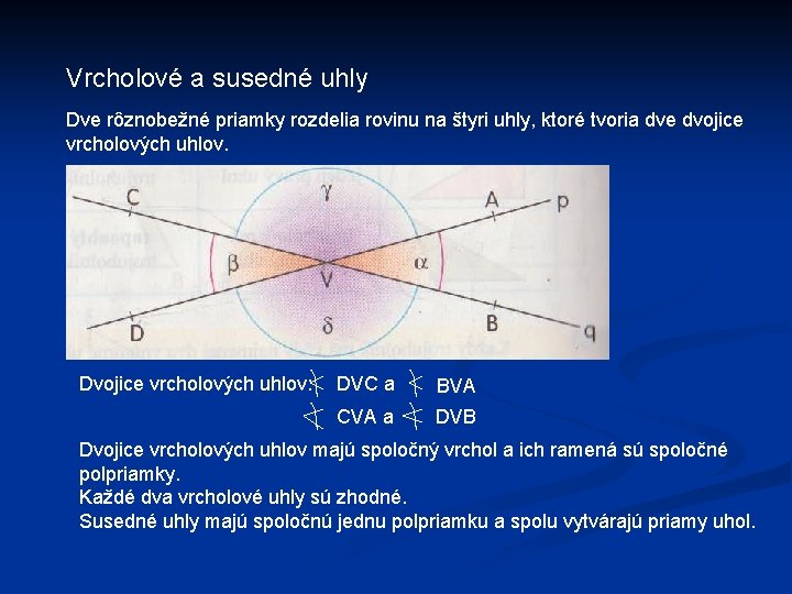 Vrcholové a susedné uhly Dve rôznobežné priamky rozdelia rovinu na štyri uhly, ktoré tvoria