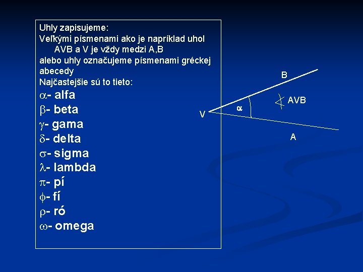 Uhly zapisujeme: Veľkými písmenami ako je napríklad uhol AVB a V je vždy medzi