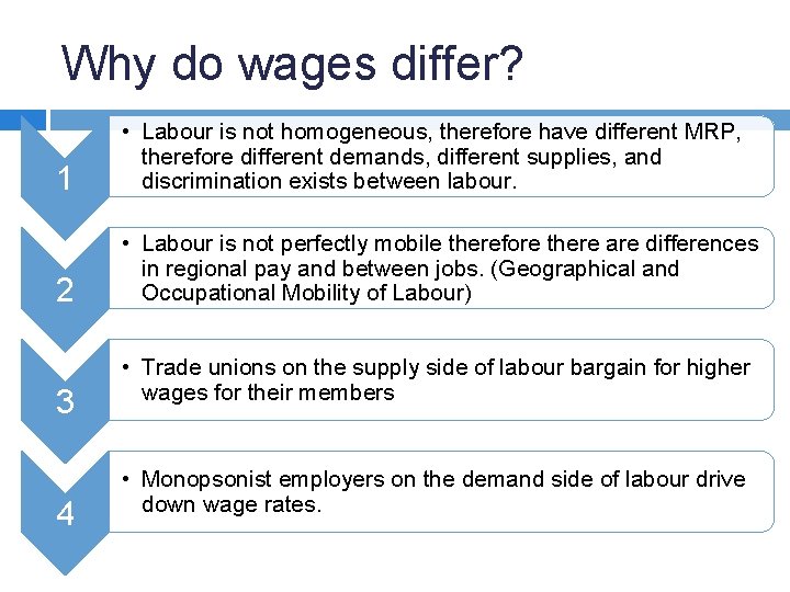 Why do wages differ? 1 • Labour is not homogeneous, therefore have different MRP,