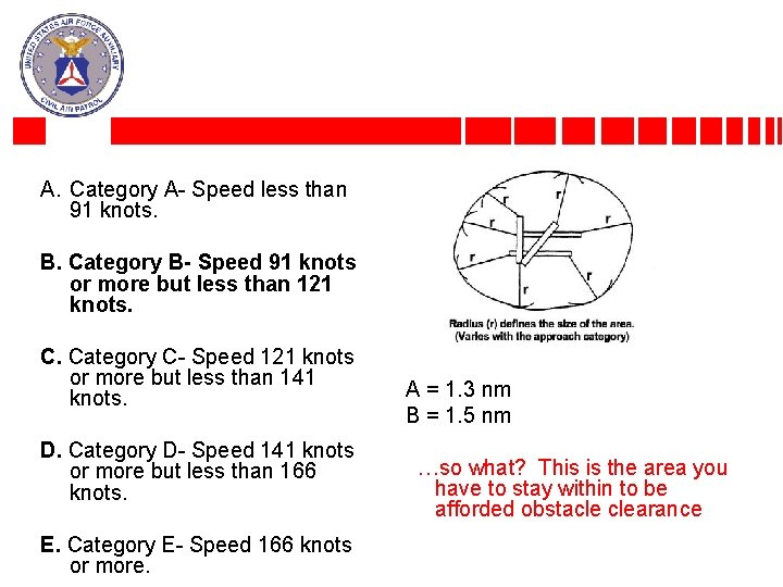 A. Category A- Speed less than 91 knots. B. Category B- Speed 91 knots