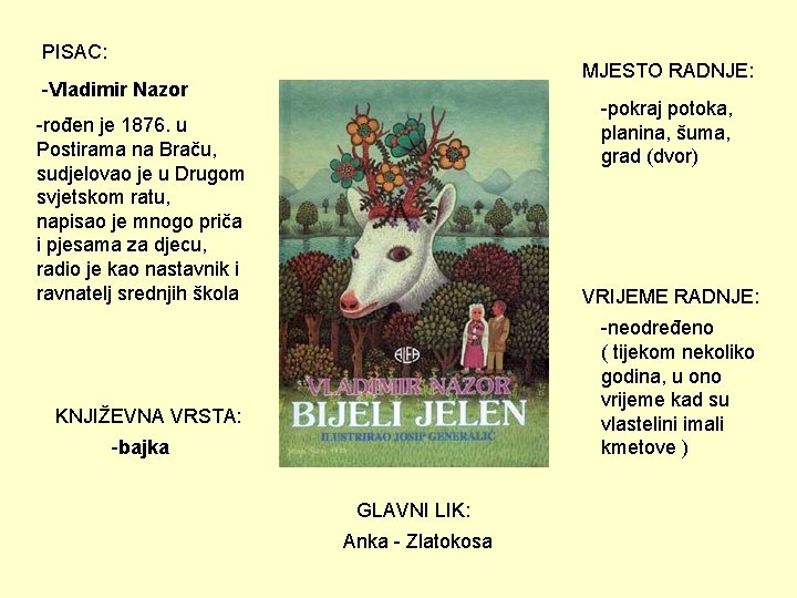 PISAC: MJESTO RADNJE: -Vladimir Nazor -pokraj potoka, planina, šuma, grad (dvor) -rođen je 1876.