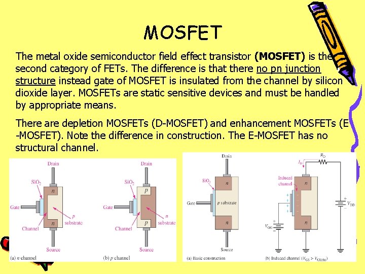 MOSFET The metal oxide semiconductor field effect transistor (MOSFET) is the second category of