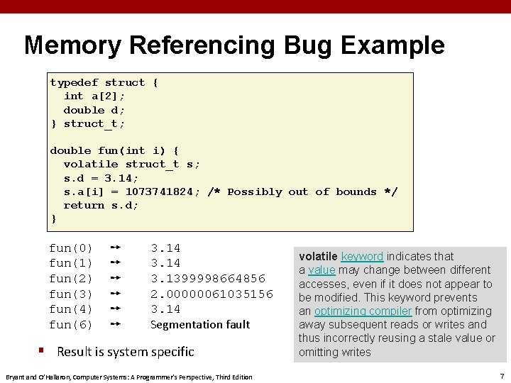 Memory Referencing Bug Example typedef struct { int a[2]; double d; } struct_t; double