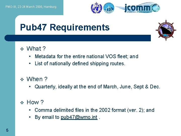 PMO-III, 23 -24 March 2006, Hamburg. Pub 47 Requirements v What ? • Metadata