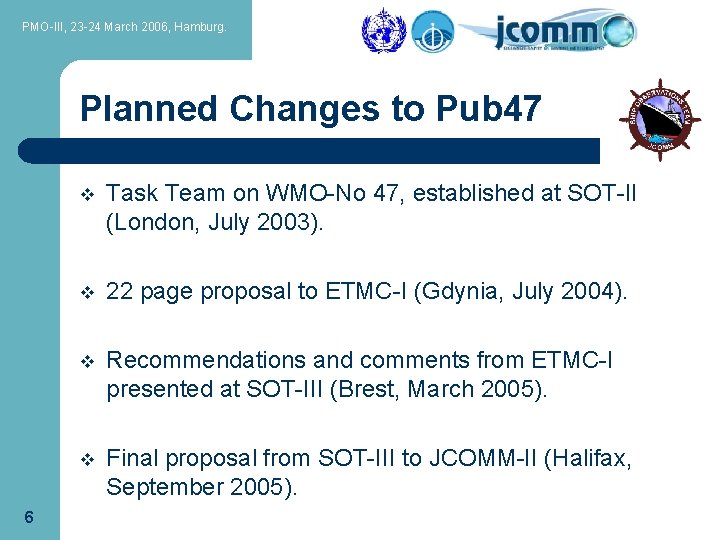 PMO-III, 23 -24 March 2006, Hamburg. Planned Changes to Pub 47 6 v Task