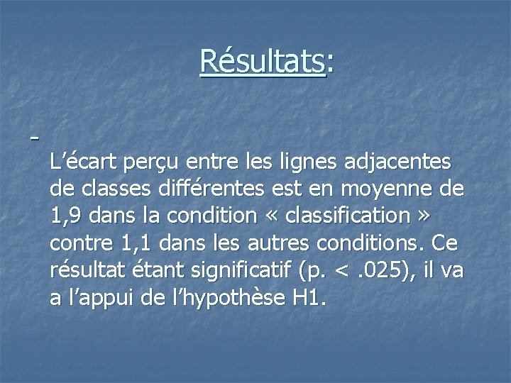 Résultats: L’écart perçu entre les lignes adjacentes de classes différentes est en moyenne de