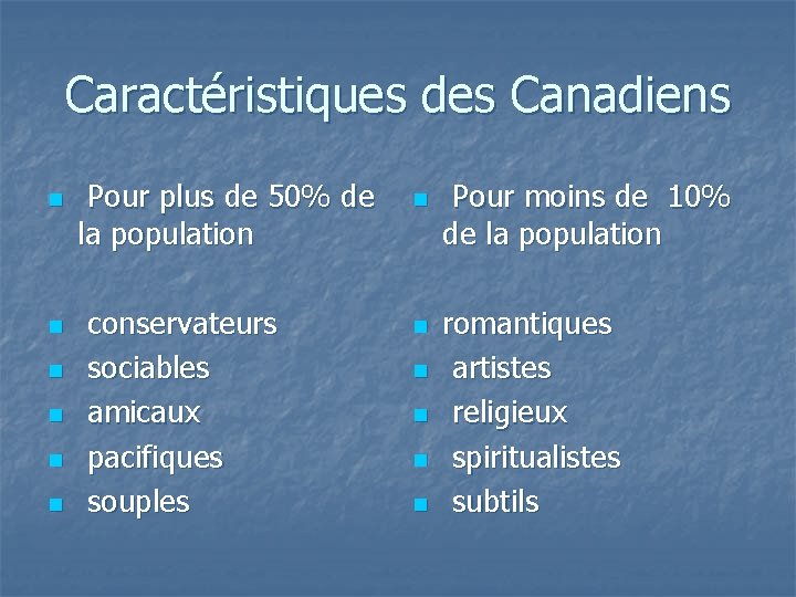 Caractéristiques des Canadiens n n n Pour plus de 50% de la population conservateurs