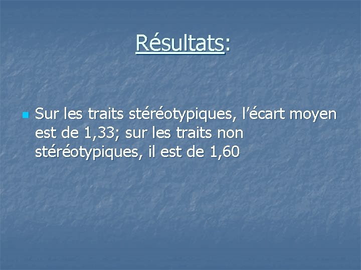 Résultats: n Sur les traits stéréotypiques, l’écart moyen est de 1, 33; sur les