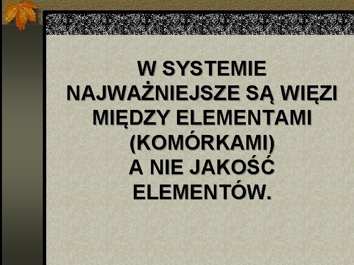 W SYSTEMIE NAJWAŻNIEJSZE SĄ WIĘZI MIĘDZY ELEMENTAMI (KOMÓRKAMI) A NIE JAKOŚĆ ELEMENTÓW. 