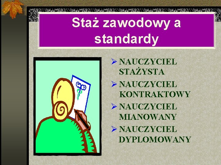 Staż zawodowy a standardy Ø NAUCZYCIEL STAŻYSTA Ø NAUCZYCIEL KONTRAKTOWY Ø NAUCZYCIEL MIANOWANY Ø