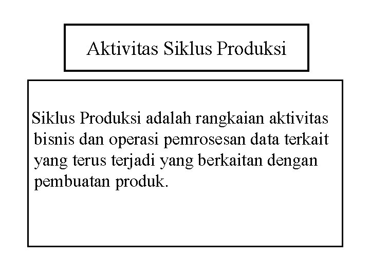Aktivitas Siklus Produksi adalah rangkaian aktivitas bisnis dan operasi pemrosesan data terkait yang terus Aktivitas Siklus Produksi adalah rangkaian aktivitas bisnis dan operasi pemrosesan data terkait yang terus
