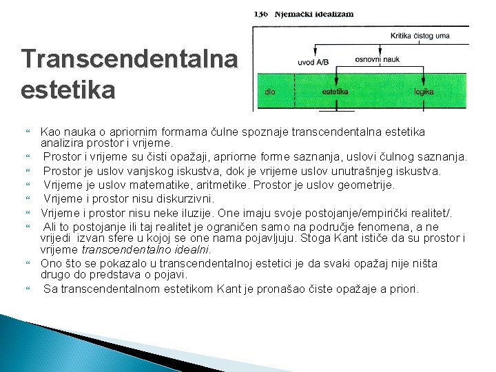 Transcendentalna estetika Kao nauka o apriornim formama čulne spoznaje transcendentalna estetika analizira prostor i