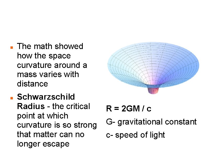 Karl Schwarzschild - 1915 The math showed how the space curvature around a mass