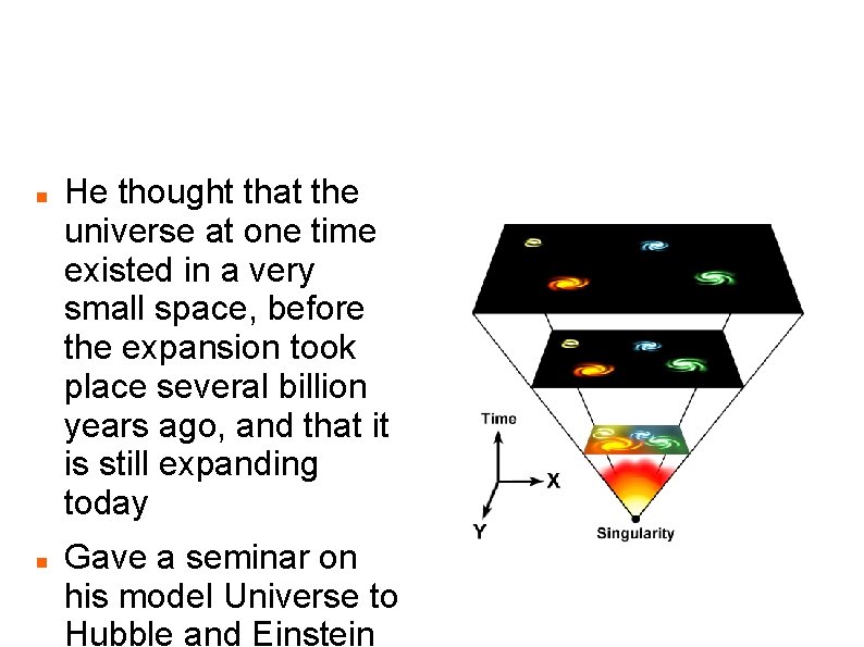 Abbe Lemaitre - 1931 Precursor to Big Bang He thought that the universe at