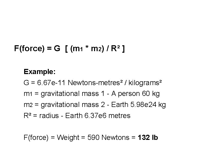 Isaac Newton's Law of Universal Gravity F(force) = G [ (m 1 * m