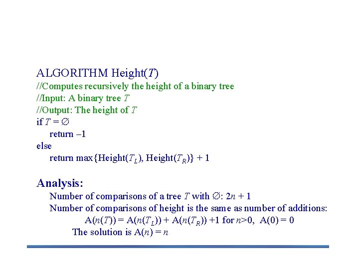 Find the Height of a Binary Tree ALGORITHM Height(T) //Computes recursively the height of