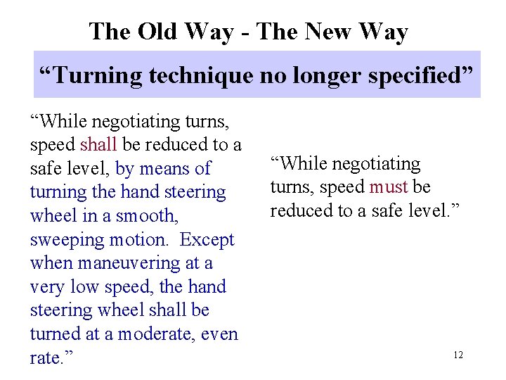 The Old Way - The New Way “Turning technique no longer specified” “While negotiating