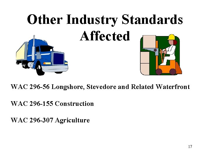 Other Industry Standards Affected WAC 296 -56 Longshore, Stevedore and Related Waterfront WAC 296