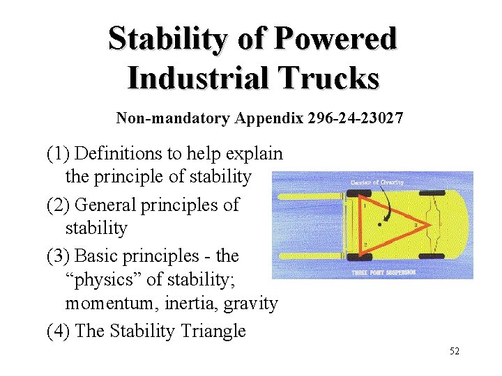 Stability of Powered Industrial Trucks Non-mandatory Appendix 296 -24 -23027 (1) Definitions to help