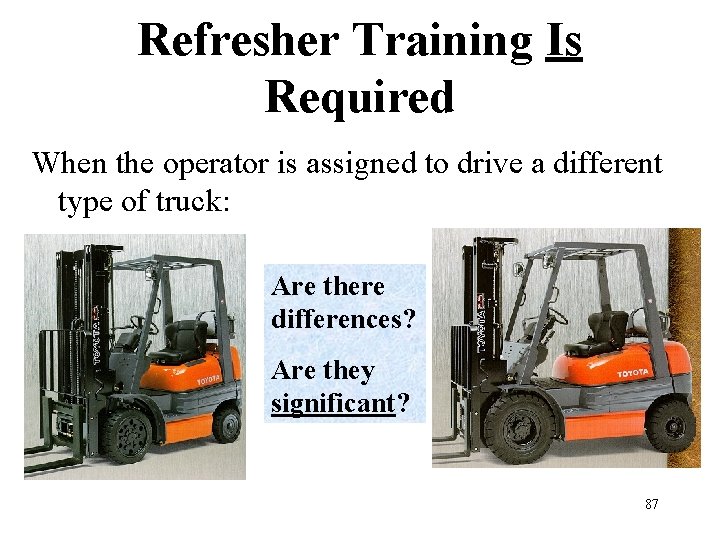 Refresher Training Is Required When the operator is assigned to drive a different type