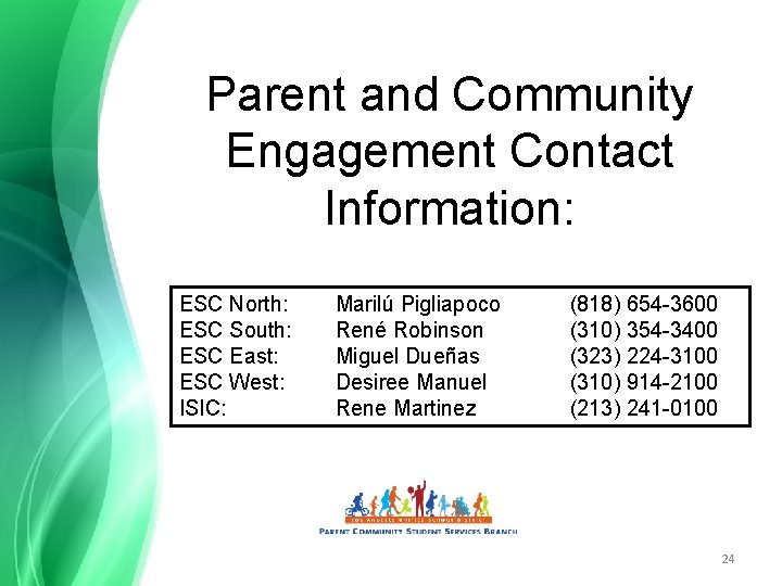 Parent and Community Engagement Contact Information: ESC North: ESC South: ESC East: ESC West: