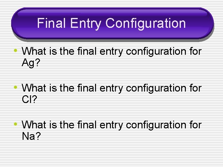 Final Entry Configuration • What is the final entry configuration for Ag? • What