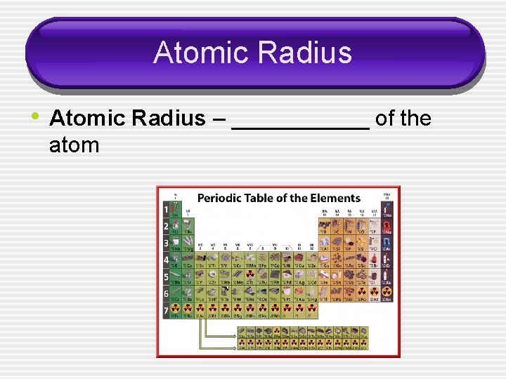 Atomic Radius • Atomic Radius – ______ of the atom 