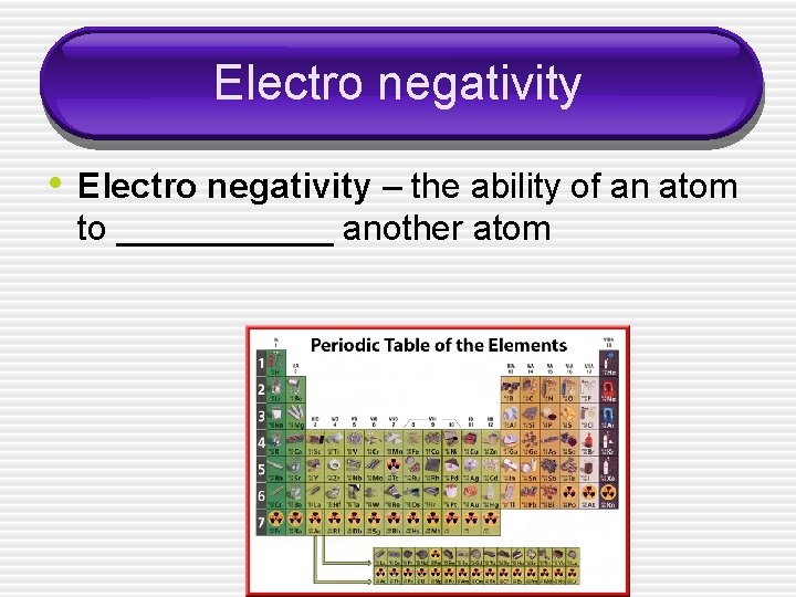 Electro negativity • Electro negativity – the ability of an atom to ______ another