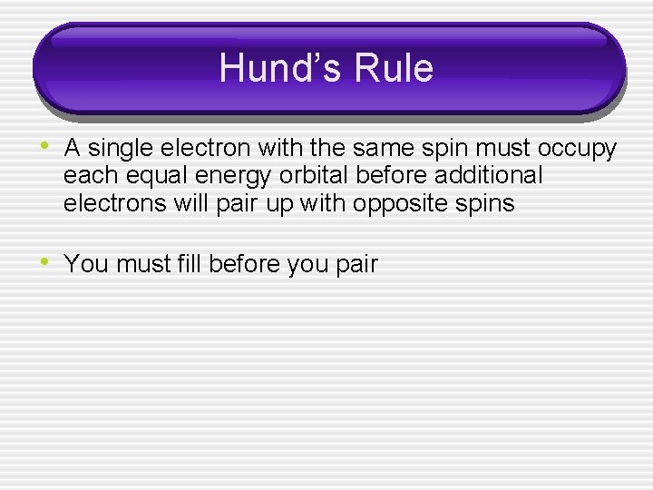 Hund’s Rule • A single electron with the same spin must occupy each equal