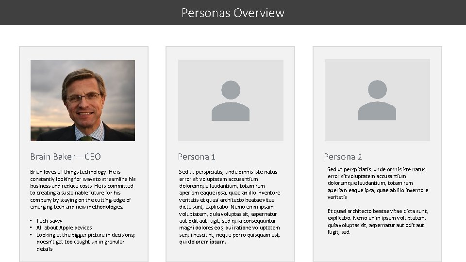 Personas Overview Brain Baker – CEO Brian loves all things technology. He is constantly Personas Overview Brain Baker – CEO Brian loves all things technology. He is constantly