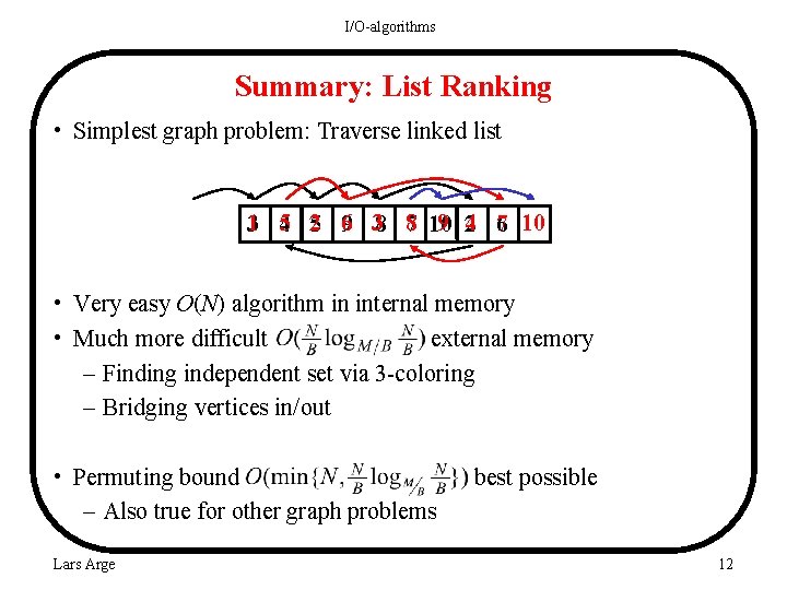 I/O-algorithms Summary: List Ranking • Simplest graph problem: Traverse linked list 13 54 25