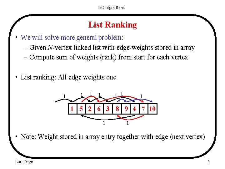 I/O-algorithms List Ranking • We will solve more general problem: – Given N-vertex linked