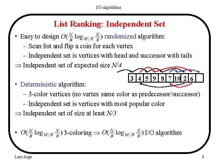 I/O-algorithms List Ranking: Independent Set • Easy to design randomized algorithm: – Scan list