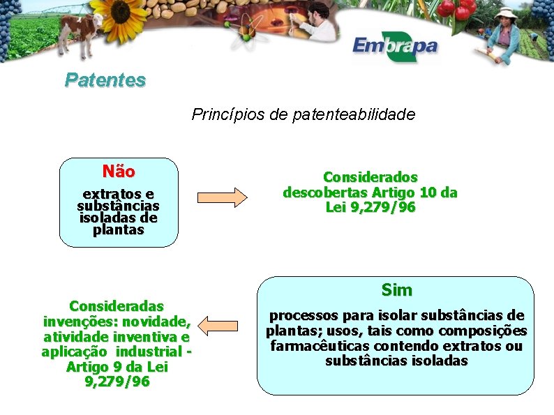 Patentes Princípios de patenteabilidade Não extratos e substâncias isoladas de plantas Consideradas invenções: novidade,