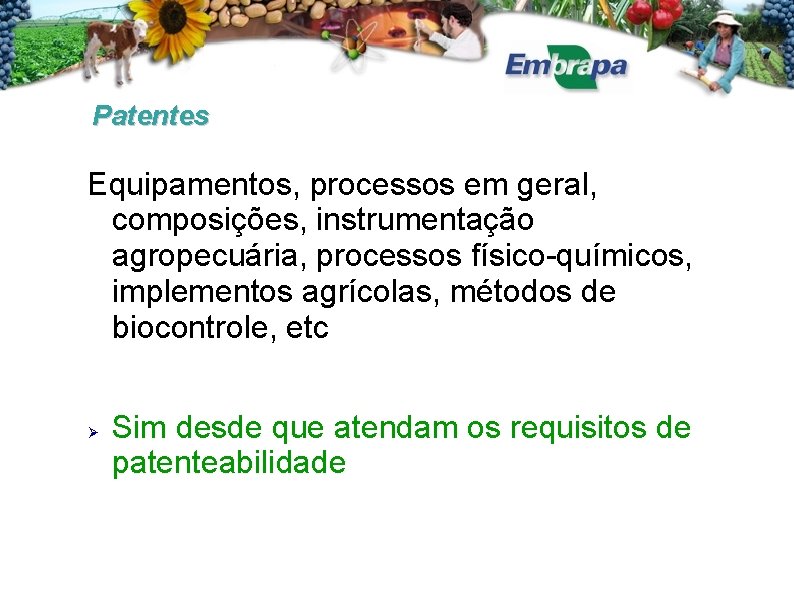 Patentes Equipamentos, processos em geral, composições, instrumentação agropecuária, processos físico-químicos, implementos agrícolas, métodos de