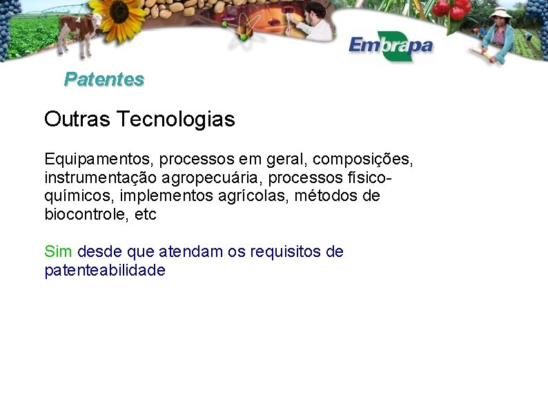 Patentes Outras Tecnologias Equipamentos, processos em geral, composições, instrumentação agropecuária, processos físicoquímicos, implementos agrícolas,