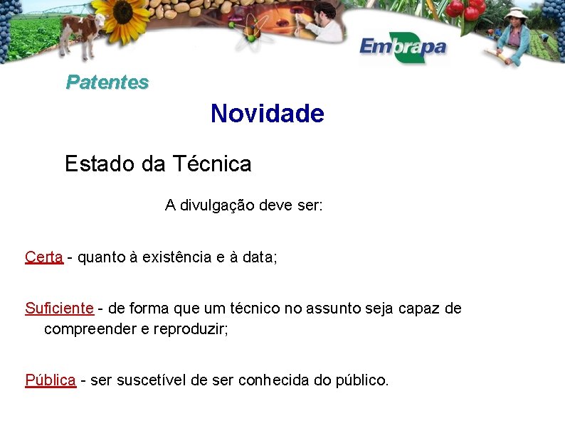 Patentes Novidade Estado da Técnica A divulgação deve ser: Certa - quanto à existência