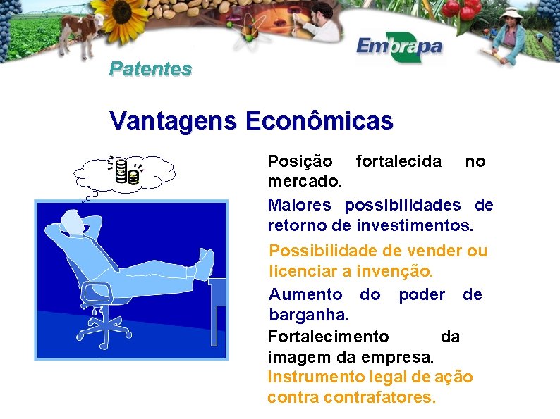 Patentes Vantagens Econômicas Posição fortalecida no mercado. Maiores possibilidades de retorno de investimentos. Possibilidade