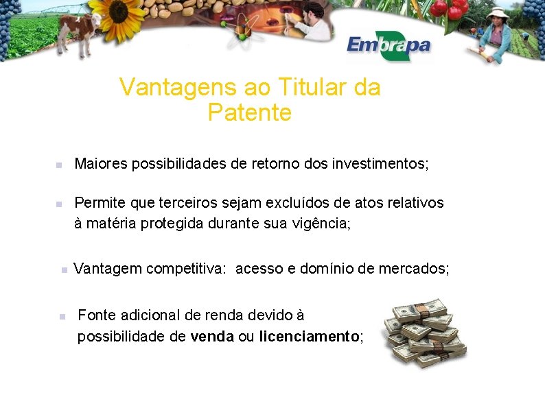 Vantagens ao Titular da Patente Maiores possibilidades de retorno dos investimentos; Permite que terceiros