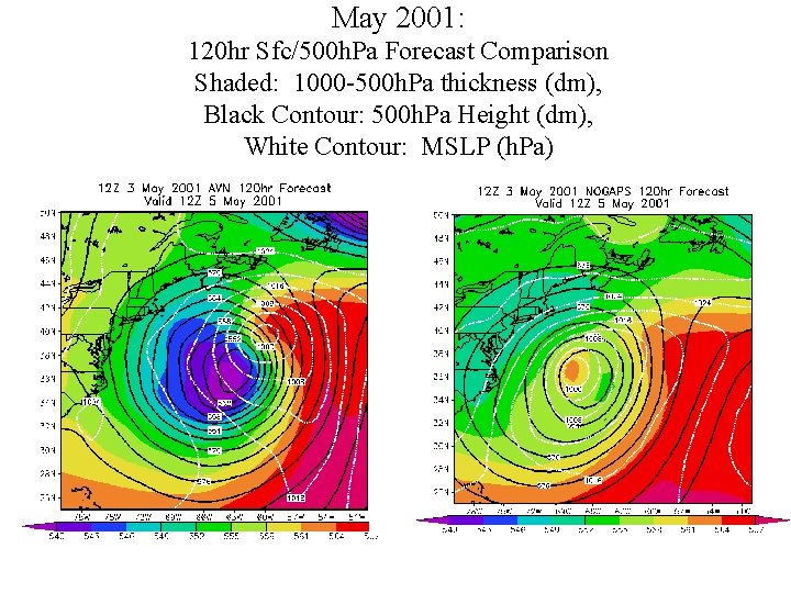 May 2001: 120 hr Sfc/500 h. Pa Forecast Comparison Shaded: 1000 -500 h. Pa