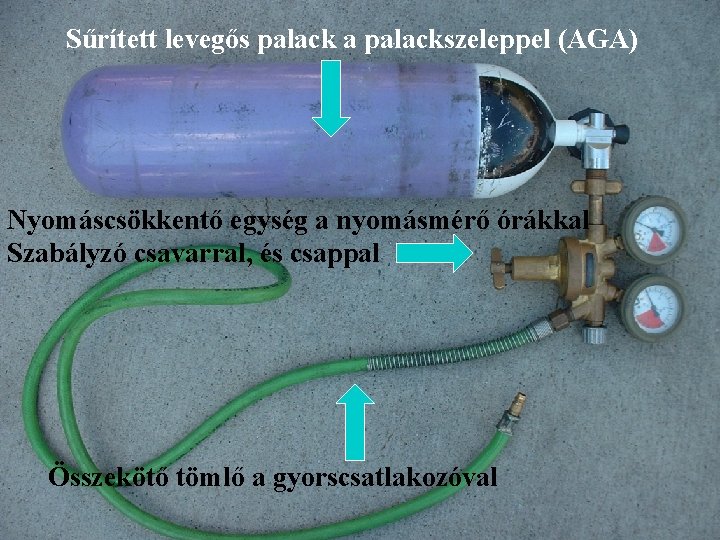 Sűrített levegős palack a palackszeleppel (AGA) Nyomáscsökkentő egység a nyomásmérő órákkal Szabályzó csavarral, és