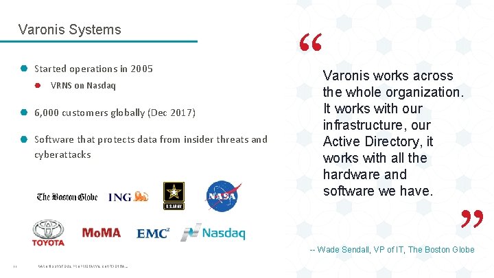 Varonis Systems Started operations in 2005 VRNS on Nasdaq 6, 000 customers globally (Dec Varonis Systems Started operations in 2005 VRNS on Nasdaq 6, 000 customers globally (Dec