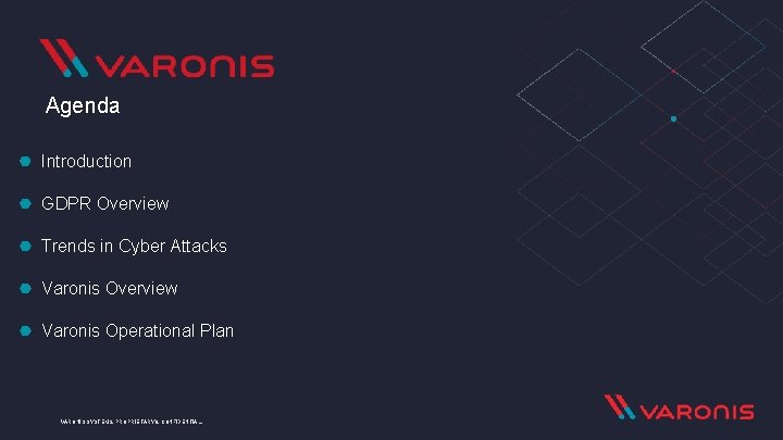 Agenda Introduction GDPR Overview Trends in Cyber Attacks Varonis Overview Varonis Operational Plan VARONIS Agenda Introduction GDPR Overview Trends in Cyber Attacks Varonis Overview Varonis Operational Plan VARONIS