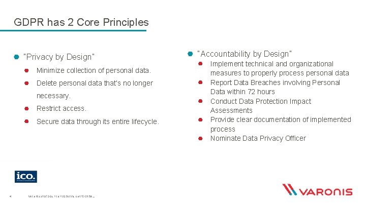 GDPR has 2 Core Principles “Privacy by Design” Minimize collection of personal data. Delete GDPR has 2 Core Principles “Privacy by Design” Minimize collection of personal data. Delete
